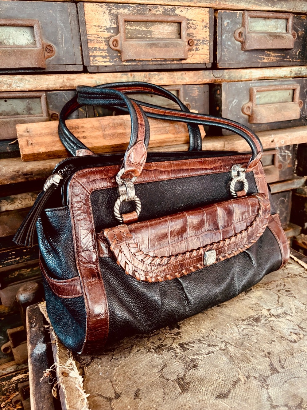Brighton Mock Croc large Black Brown Leather Purse Doctor Style Bag Silver Trim